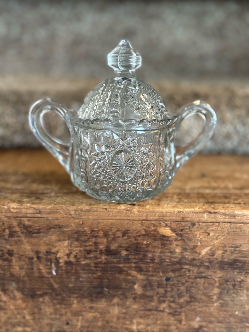 Clear Pressed Glass Sugar Bowl with Lid and Handles